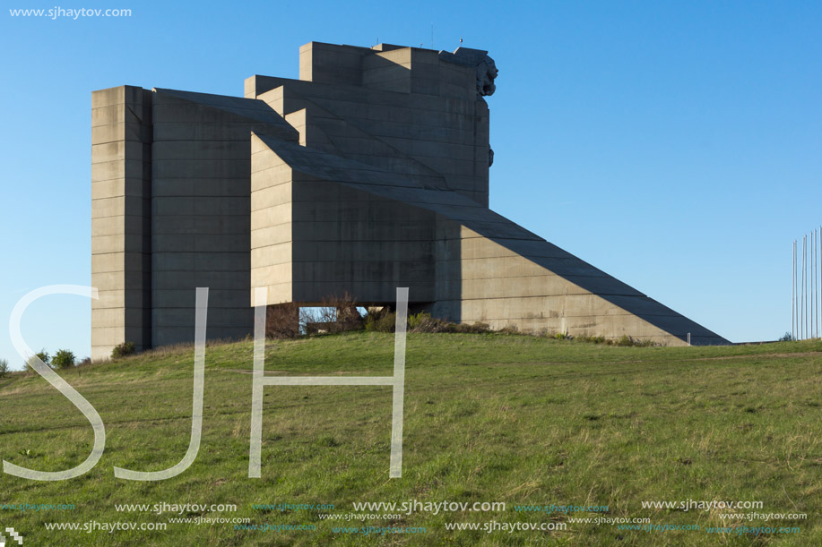 SHUMEN, BULGARIA - APRIL 10, 2017:   Sunset view of Founders of the Bulgarian State Monument near Town of Shumen, Bulgaria