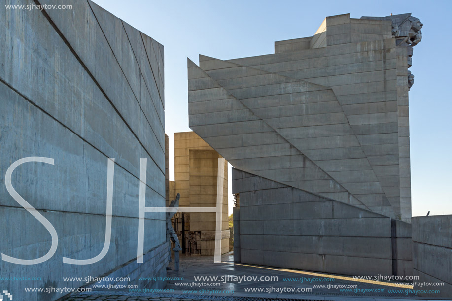 SHUMEN, BULGARIA - APRIL 10, 2017:   Sunset view of Founders of the Bulgarian State Monument near Town of Shumen, Bulgaria