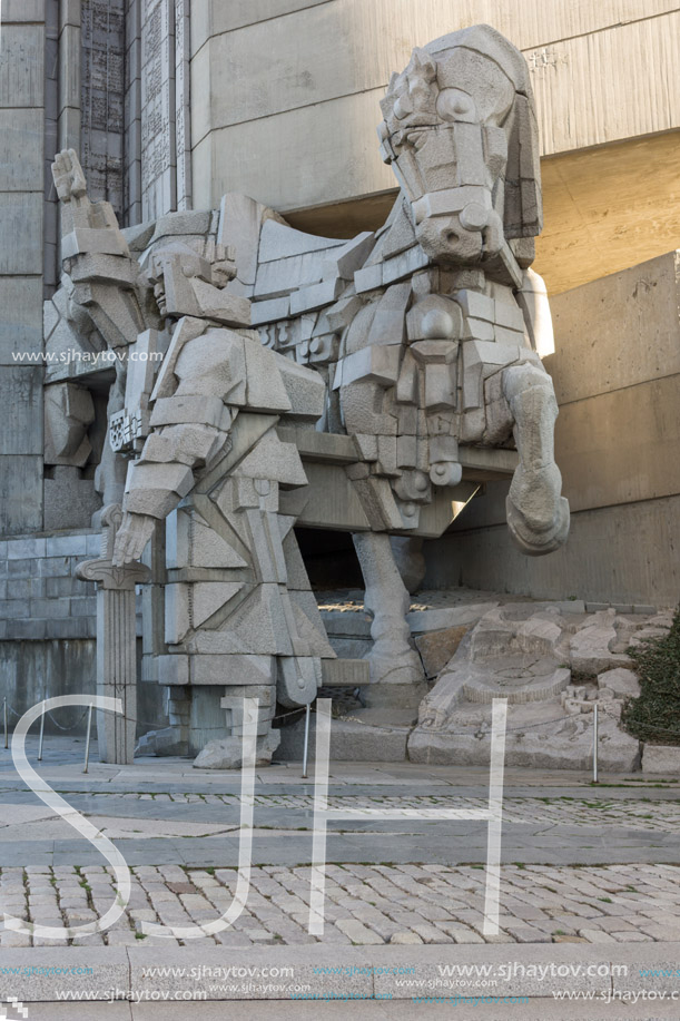 SHUMEN, BULGARIA - APRIL 10, 2017:   Sunset view of Founders of the Bulgarian State Monument near Town of Shumen, Bulgaria