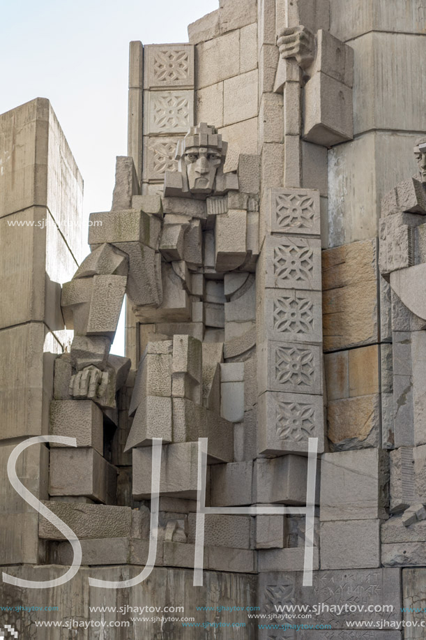 SHUMEN, BULGARIA - APRIL 10, 2017:   Sunset view of Founders of the Bulgarian State Monument near Town of Shumen, Bulgaria