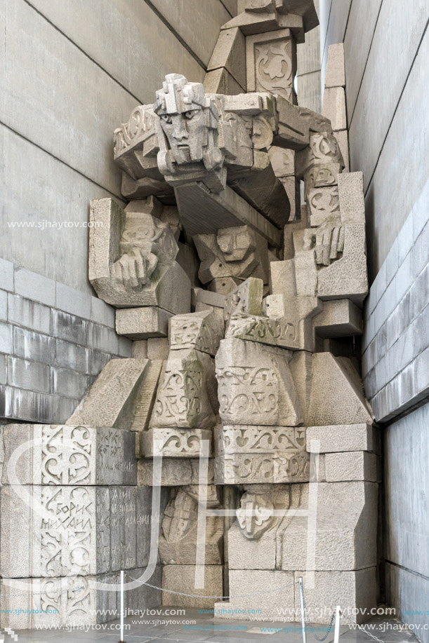 SHUMEN, BULGARIA - APRIL 10, 2017:   Sunset view of Founders of the Bulgarian State Monument near Town of Shumen, Bulgaria