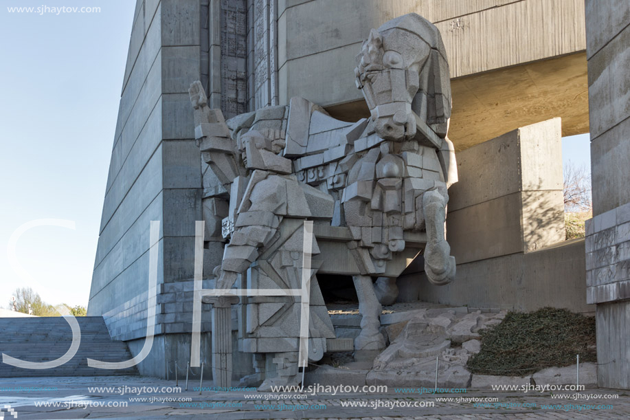 SHUMEN, BULGARIA - APRIL 10, 2017:   Sunset view of Founders of the Bulgarian State Monument near Town of Shumen, Bulgaria