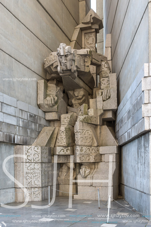 SHUMEN, BULGARIA - APRIL 10, 2017:   Sunset view of Founders of the Bulgarian State Monument near Town of Shumen, Bulgaria