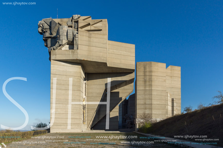 SHUMEN, BULGARIA - APRIL 10, 2017:   Sunset view of Founders of the Bulgarian State Monument near Town of Shumen, Bulgaria