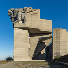 SHUMEN, BULGARIA - APRIL 10, 2017:   Sunset view of Founders of the Bulgarian State Monument near Town of Shumen, Bulgaria