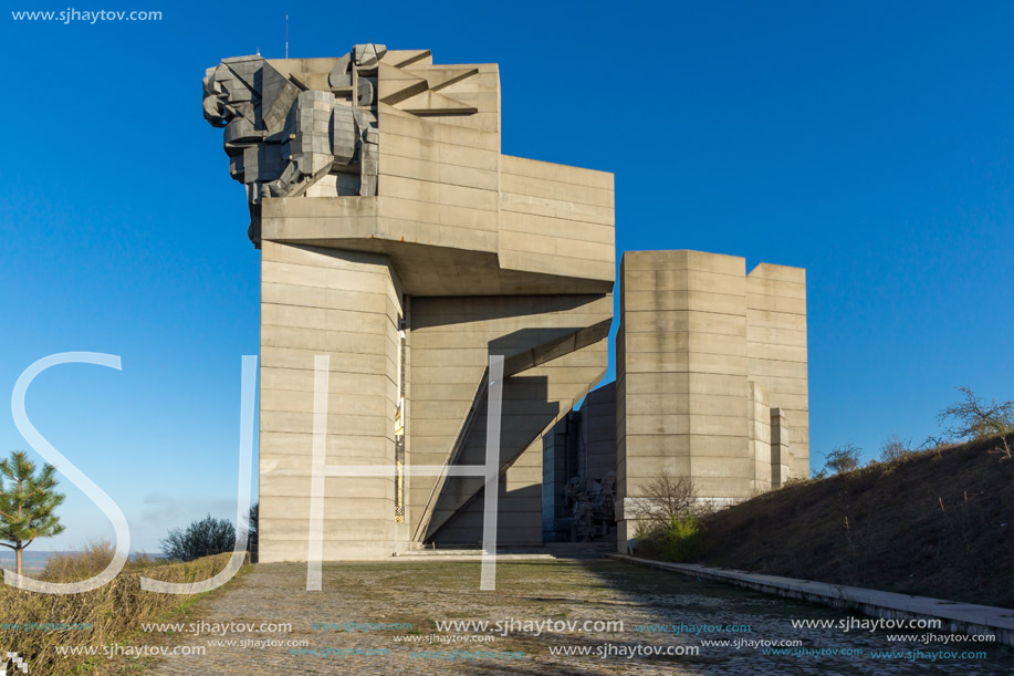 SHUMEN, BULGARIA - APRIL 10, 2017:   Sunset view of Founders of the Bulgarian State Monument near Town of Shumen, Bulgaria