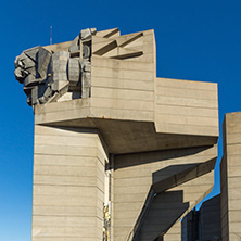 SHUMEN, BULGARIA - APRIL 10, 2017:   Sunset view of Founders of the Bulgarian State Monument near Town of Shumen, Bulgaria