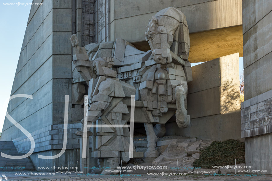 SHUMEN, BULGARIA - APRIL 10, 2017:   Sunset view of Founders of the Bulgarian State Monument near Town of Shumen, Bulgaria