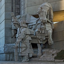 SHUMEN, BULGARIA - APRIL 10, 2017:   Sunset view of Founders of the Bulgarian State Monument near Town of Shumen, Bulgaria