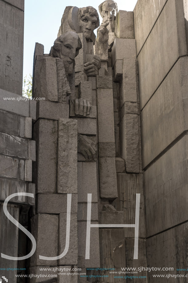 SHUMEN, BULGARIA - APRIL 10, 2017:   Sunset view of Founders of the Bulgarian State Monument near Town of Shumen, Bulgaria