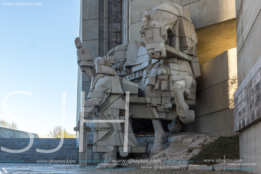 SHUMEN, BULGARIA - APRIL 10, 2017:   Sunset view of Founders of the Bulgarian State Monument near Town of Shumen, Bulgaria