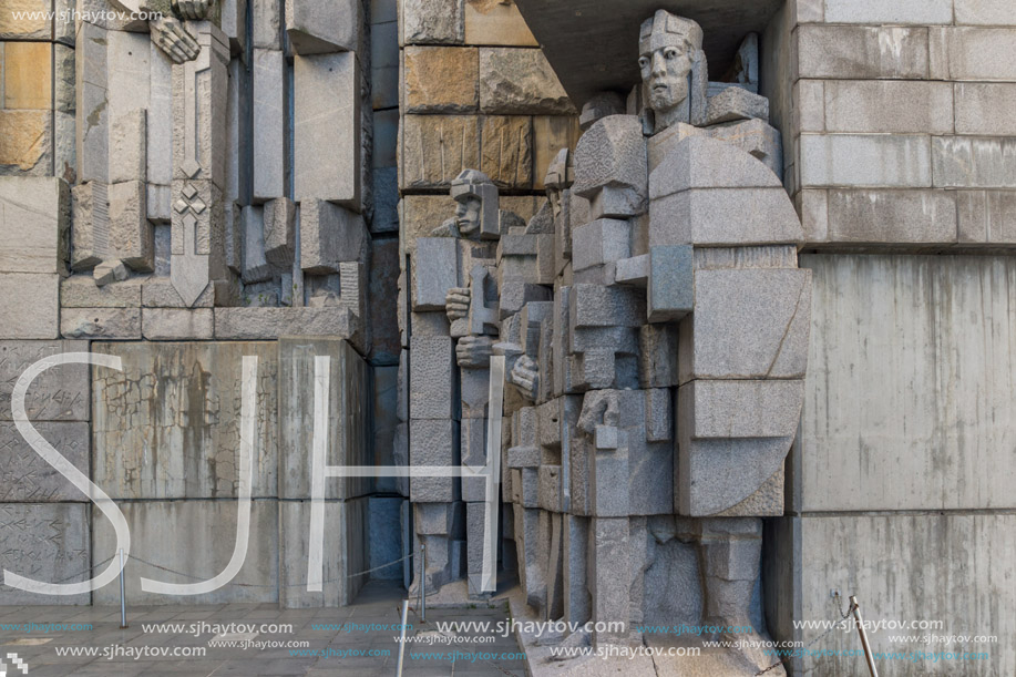 SHUMEN, BULGARIA - APRIL 10, 2017:   Sunset view of Founders of the Bulgarian State Monument near Town of Shumen, Bulgaria