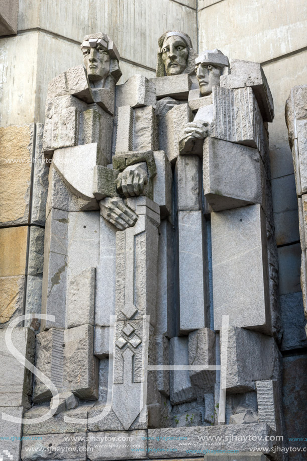 SHUMEN, BULGARIA - APRIL 10, 2017:   Sunset view of Founders of the Bulgarian State Monument near Town of Shumen, Bulgaria