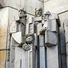 SHUMEN, BULGARIA - APRIL 10, 2017:   Sunset view of Founders of the Bulgarian State Monument near Town of Shumen, Bulgaria