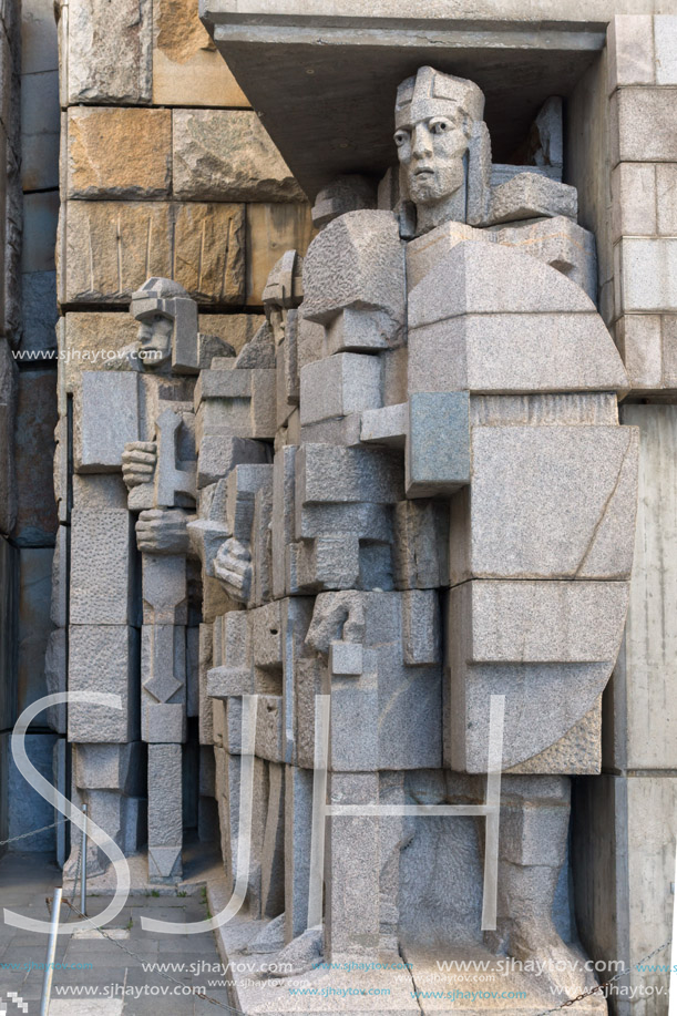 SHUMEN, BULGARIA - APRIL 10, 2017:   Sunset view of Founders of the Bulgarian State Monument near Town of Shumen, Bulgaria