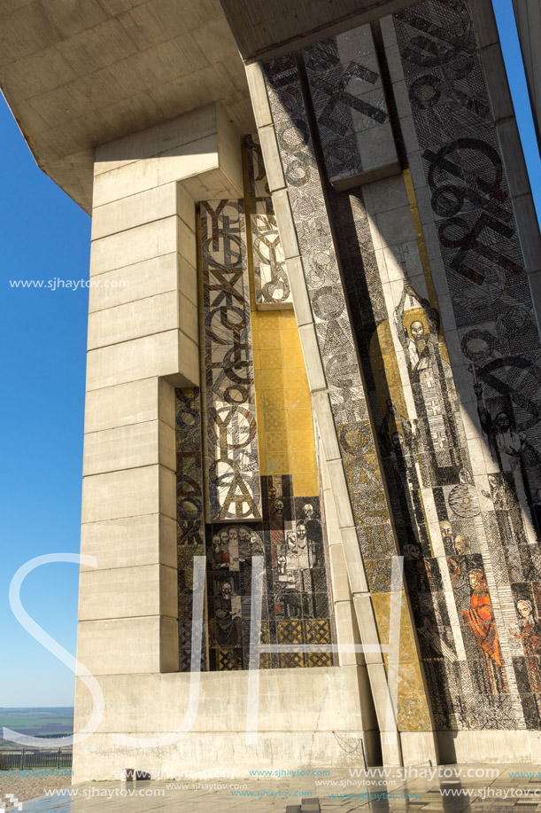 SHUMEN, BULGARIA - APRIL 10, 2017:   Sunset view of Founders of the Bulgarian State Monument near Town of Shumen, Bulgaria