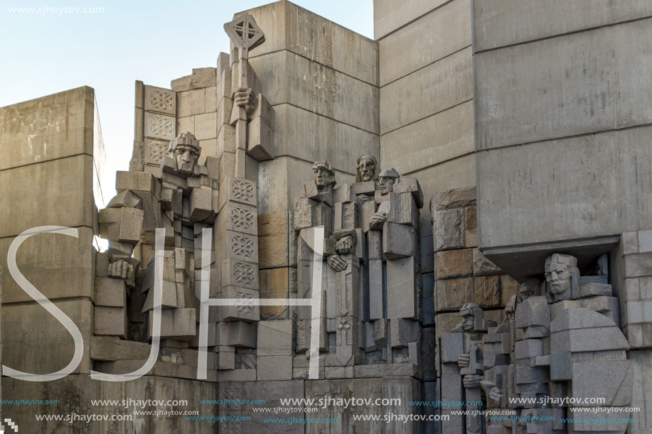 SHUMEN, BULGARIA - APRIL 10, 2017:   Sunset view of Founders of the Bulgarian State Monument near Town of Shumen, Bulgaria