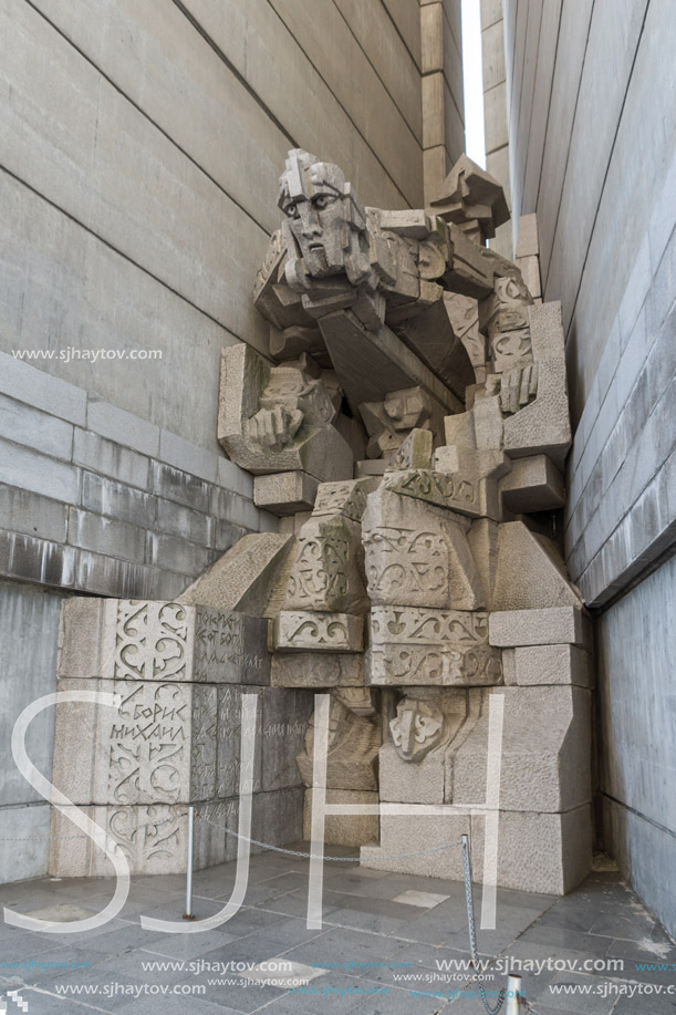 SHUMEN, BULGARIA - APRIL 10, 2017:   Sunset view of Founders of the Bulgarian State Monument near Town of Shumen, Bulgaria