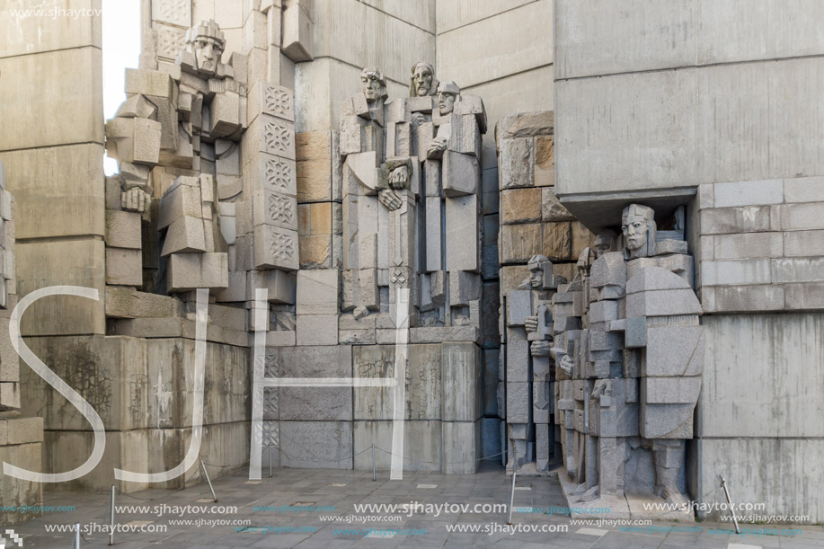 SHUMEN, BULGARIA - APRIL 10, 2017:   Sunset view of Founders of the Bulgarian State Monument near Town of Shumen, Bulgaria