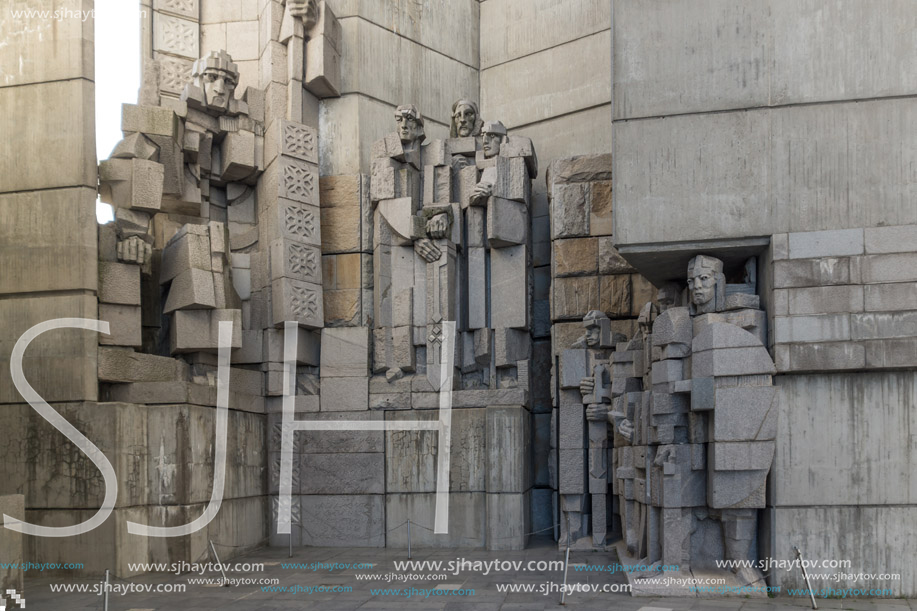 SHUMEN, BULGARIA - APRIL 10, 2017:   Sunset view of Founders of the Bulgarian State Monument near Town of Shumen, Bulgaria