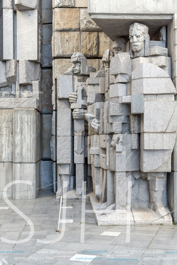 SHUMEN, BULGARIA - APRIL 10, 2017:   Sunset view of Founders of the Bulgarian State Monument near Town of Shumen, Bulgaria