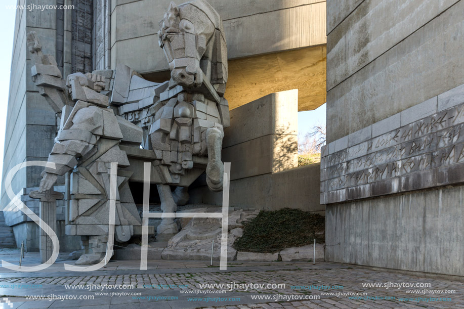 SHUMEN, BULGARIA - APRIL 10, 2017:   Sunset view of Founders of the Bulgarian State Monument near Town of Shumen, Bulgaria