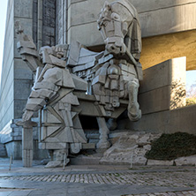 SHUMEN, BULGARIA - APRIL 10, 2017:   Sunset view of Founders of the Bulgarian State Monument near Town of Shumen, Bulgaria