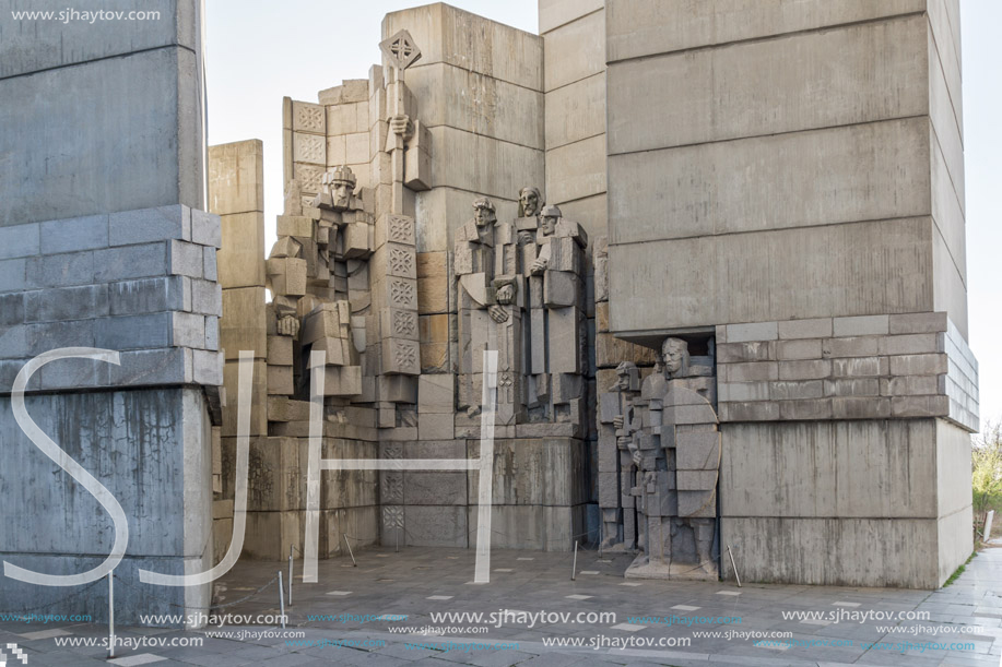 SHUMEN, BULGARIA - APRIL 10, 2017:   Sunset view of Founders of the Bulgarian State Monument near Town of Shumen, Bulgaria