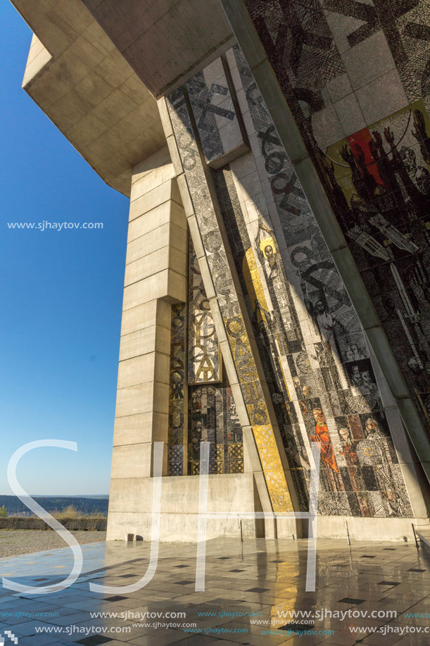 SHUMEN, BULGARIA - APRIL 10, 2017:   Sunset view of Founders of the Bulgarian State Monument near Town of Shumen, Bulgaria