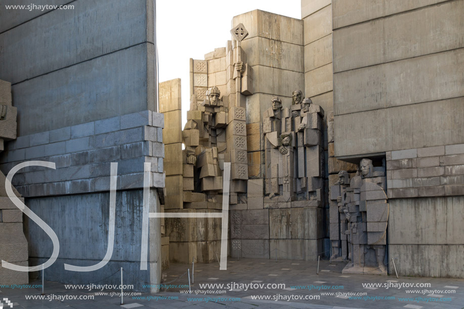 SHUMEN, BULGARIA - APRIL 10, 2017:   Sunset view of Founders of the Bulgarian State Monument near Town of Shumen, Bulgaria