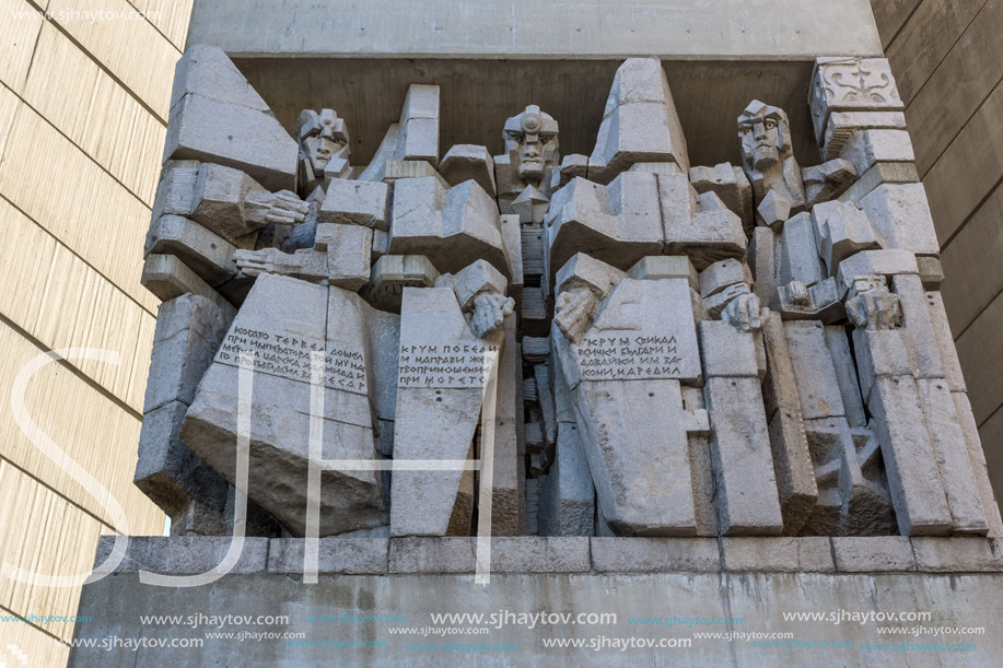 SHUMEN, BULGARIA - APRIL 10, 2017:   Sunset view of Founders of the Bulgarian State Monument near Town of Shumen, Bulgaria