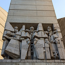 SHUMEN, BULGARIA - APRIL 10, 2017:   Sunset view of Founders of the Bulgarian State Monument near Town of Shumen, Bulgaria