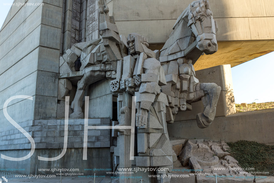 SHUMEN, BULGARIA - APRIL 10, 2017:   Sunset view of Founders of the Bulgarian State Monument near Town of Shumen, Bulgaria