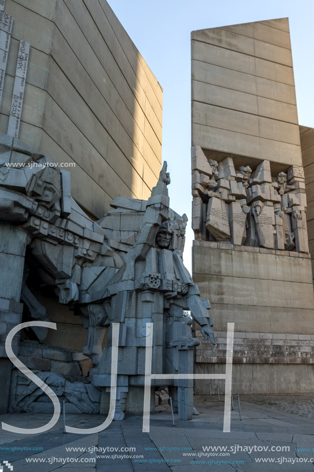 SHUMEN, BULGARIA - APRIL 10, 2017:   Sunset view of Founders of the Bulgarian State Monument near Town of Shumen, Bulgaria