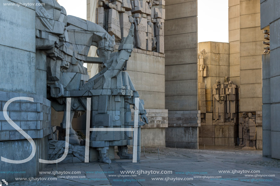 SHUMEN, BULGARIA - APRIL 10, 2017:   Sunset view of Founders of the Bulgarian State Monument near Town of Shumen, Bulgaria