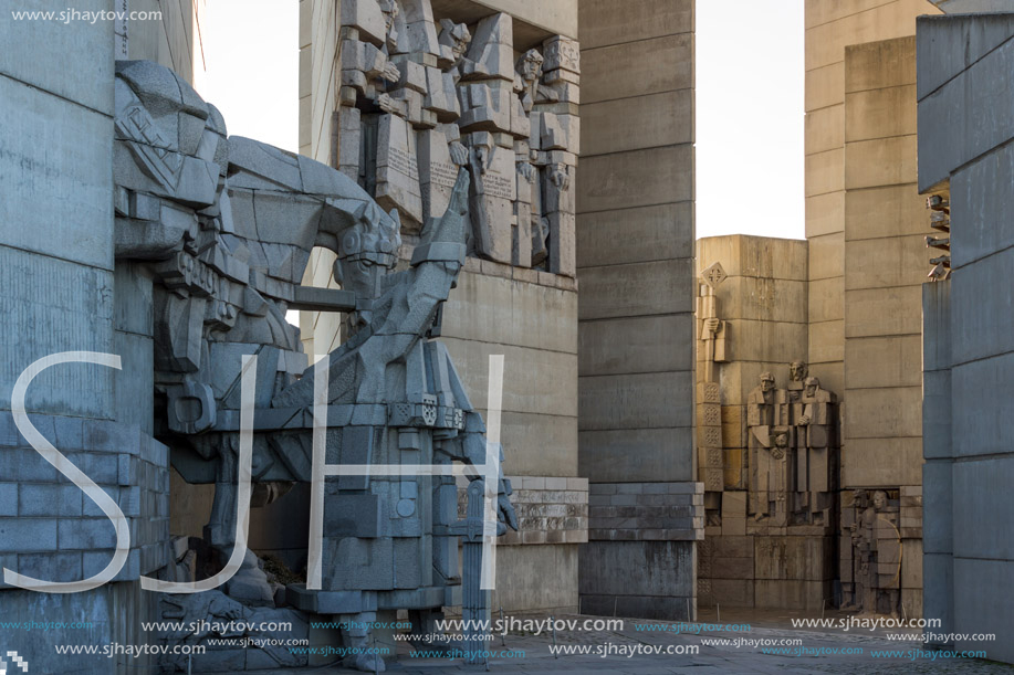 SHUMEN, BULGARIA - APRIL 10, 2017:   Sunset view of Founders of the Bulgarian State Monument near Town of Shumen, Bulgaria