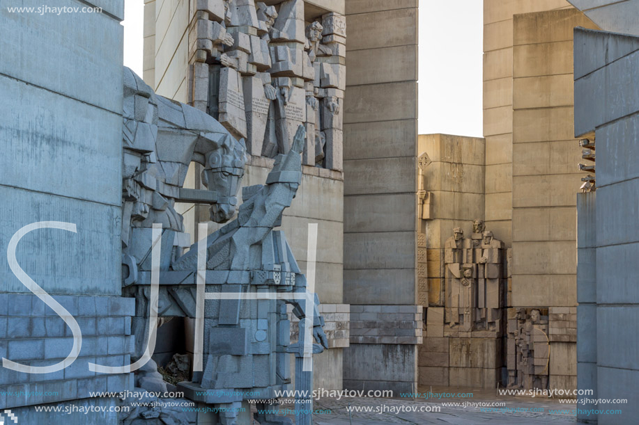 SHUMEN, BULGARIA - APRIL 10, 2017:   Sunset view of Founders of the Bulgarian State Monument near Town of Shumen, Bulgaria