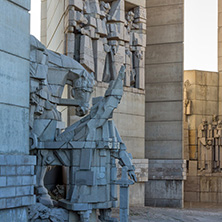 SHUMEN, BULGARIA - APRIL 10, 2017:   Sunset view of Founders of the Bulgarian State Monument near Town of Shumen, Bulgaria