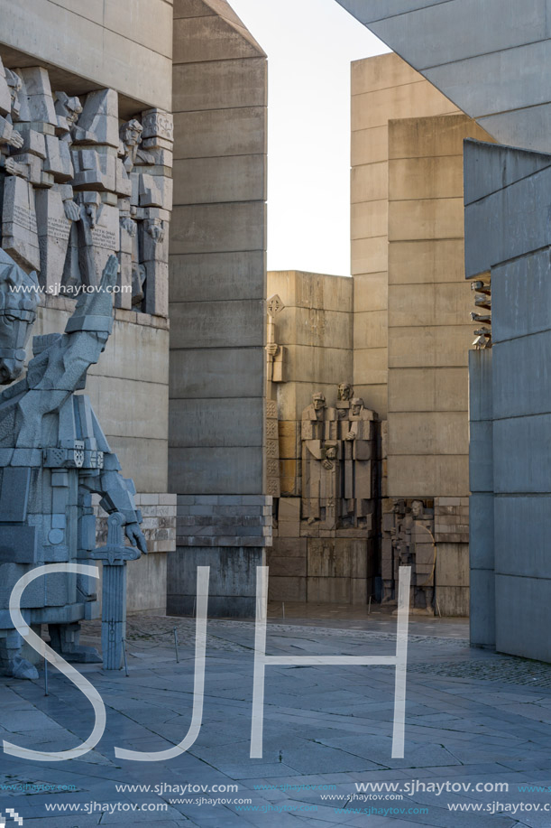 SHUMEN, BULGARIA - APRIL 10, 2017:   Sunset view of Founders of the Bulgarian State Monument near Town of Shumen, Bulgaria