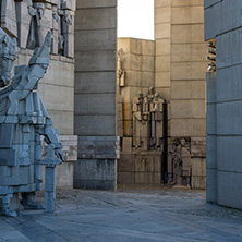 SHUMEN, BULGARIA - APRIL 10, 2017:   Sunset view of Founders of the Bulgarian State Monument near Town of Shumen, Bulgaria