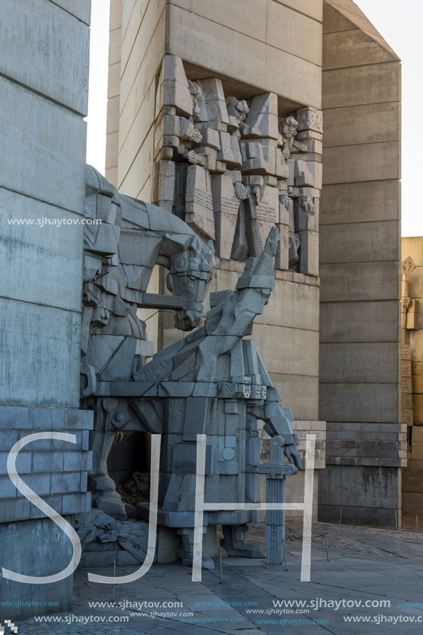 SHUMEN, BULGARIA - APRIL 10, 2017:   Sunset view of Founders of the Bulgarian State Monument near Town of Shumen, Bulgaria