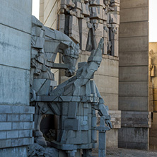 SHUMEN, BULGARIA - APRIL 10, 2017:   Sunset view of Founders of the Bulgarian State Monument near Town of Shumen, Bulgaria