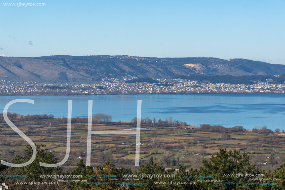 Amazing winter Landscape of Lake Pamvotida and Pindus mountain from city of Ioannina, Epirus, Greece