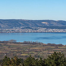 Amazing winter Landscape of Lake Pamvotida and Pindus mountain from city of Ioannina, Epirus, Greece