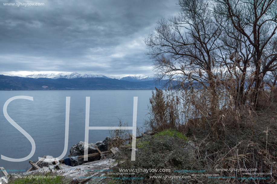 Amazing winter Landscape of Lake Pamvotida and Pindus mountain from city of Ioannina, Epirus, Greece