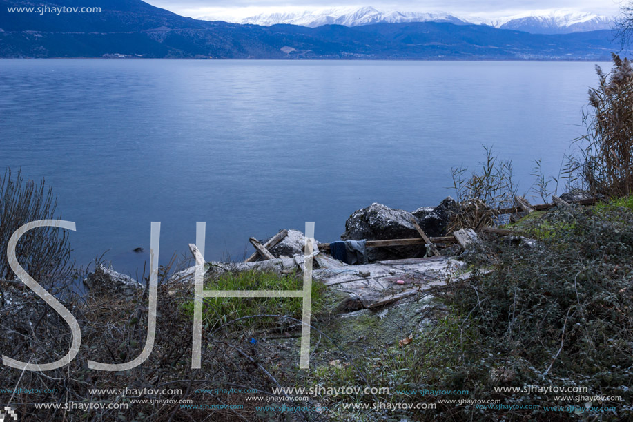 Amazing winter Landscape of Lake Pamvotida and Pindus mountain from city of Ioannina, Epirus, Greece