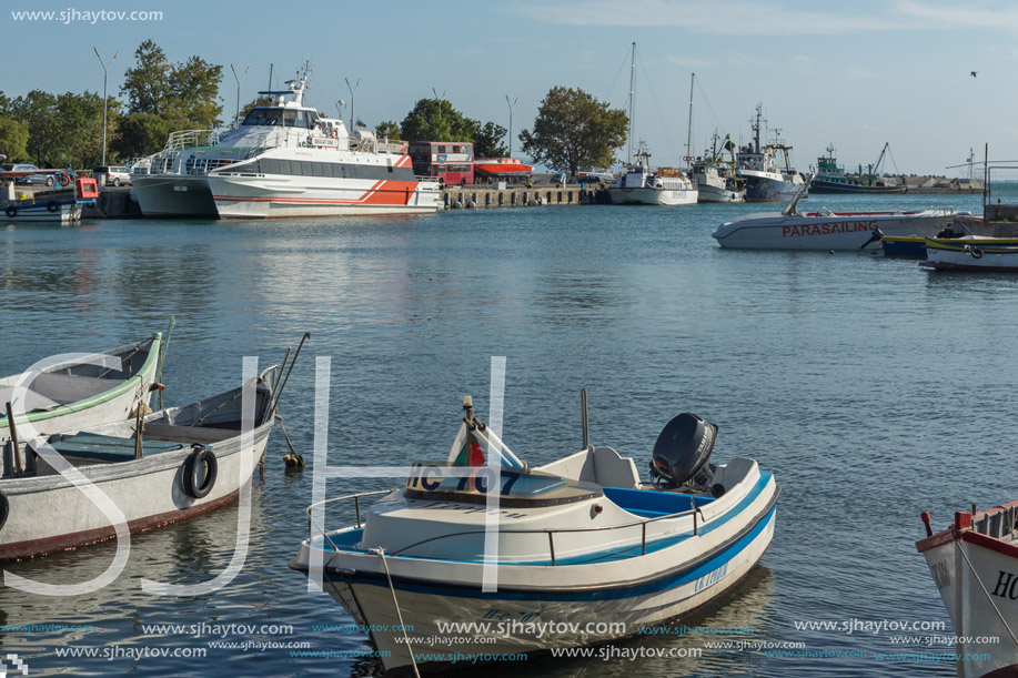 NESSEBAR, BULGARIA - AUGUST 12, 2018: Panorama of Port and old town of Nessebar, Burgas Region, Bulgaria