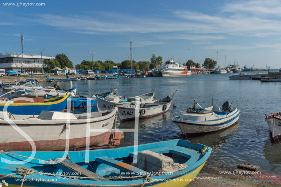 NESSEBAR, BULGARIA - AUGUST 12, 2018: Panorama of Port and old town of Nessebar, Burgas Region, Bulgaria