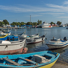 NESSEBAR, BULGARIA - AUGUST 12, 2018: Panorama of Port and old town of Nessebar, Burgas Region, Bulgaria