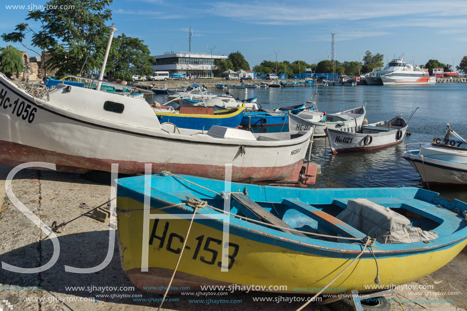 NESSEBAR, BULGARIA - AUGUST 12, 2018: Panorama of Port and old town of Nessebar, Burgas Region, Bulgaria